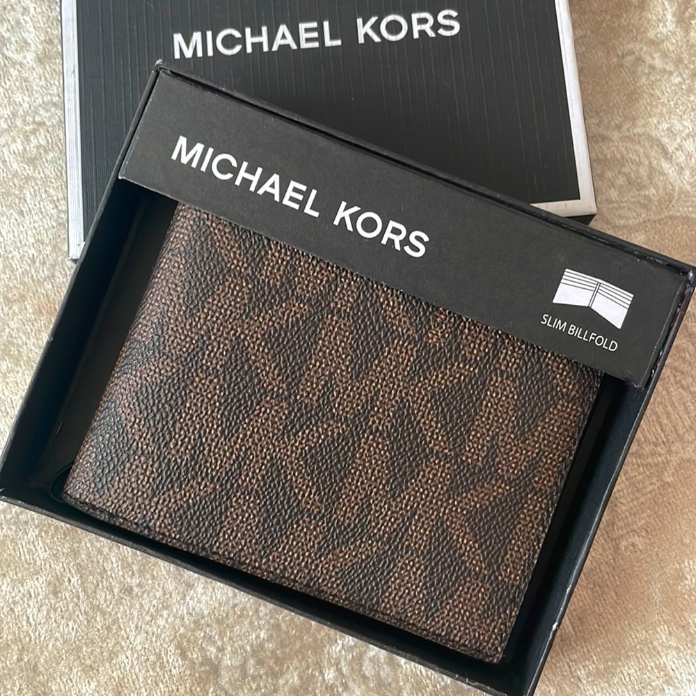 Brand New Michael Kors Jet Set Men’s Slim Billfold Brown & Black Logo Wallet - Picture 2 of 15